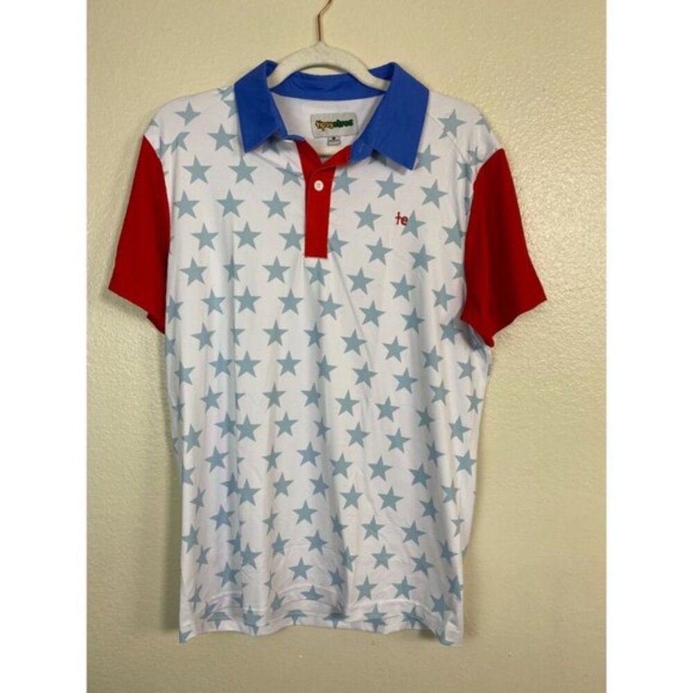 Tipsy Elves Mens Star Golf Polo Shirt Red White Blue Short Sleeve Size Small